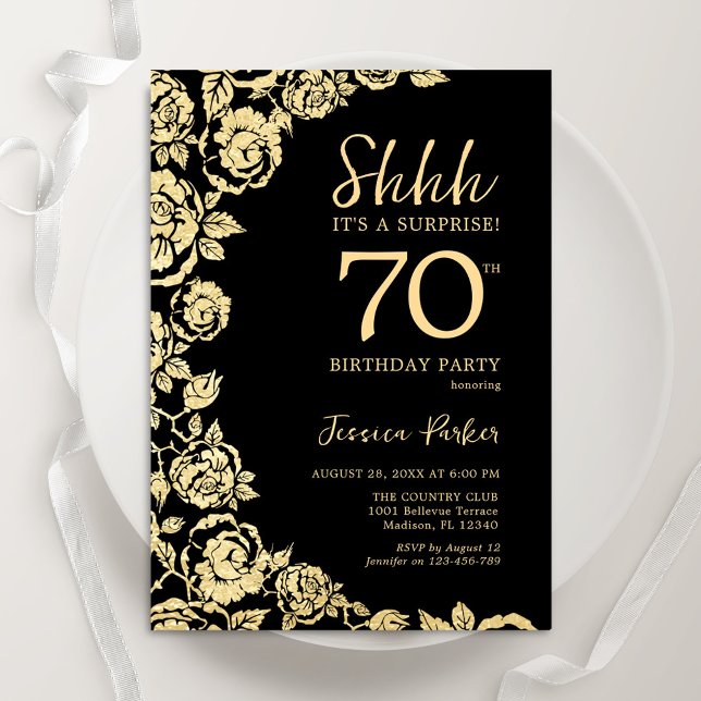 Invitación Elegantes Rosas de Oro Negro Sorprenden 70 años (Subido por el creador)