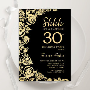 Invitación Elegantes Rosas de Oro Negro sorprenden el cumplea