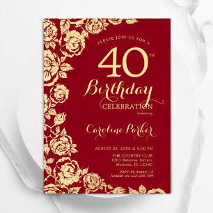 Invitación Elegantes Rosas de Oro Rojo 40 cumpleaños