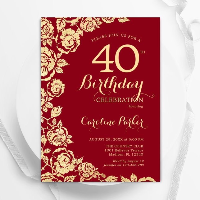 Invitación Elegantes Rosas de Oro Rojo 40 cumpleaños (Subido por el creador)