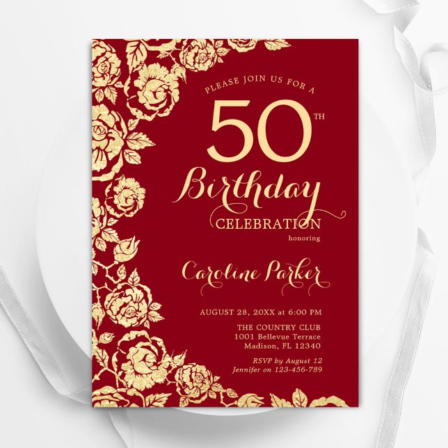 Invitación Elegantes Rosas de Oro Rojo 50 cumpleaños (Subido por el creador)