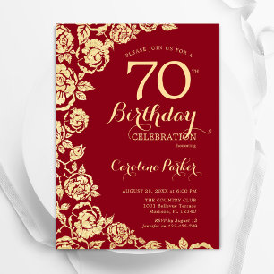 Invitación Elegantes Rosas de Oro Rojo 70 cumpleaños