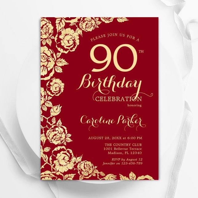 Invitación Elegantes Rosas de Oro Rojo 90 cumpleaños (Subido por el creador)