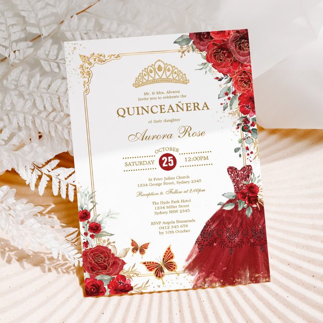 Invitación Elegantes Rosas de Oro Rojo Princesa de Quinceañer (Subido por el creador)