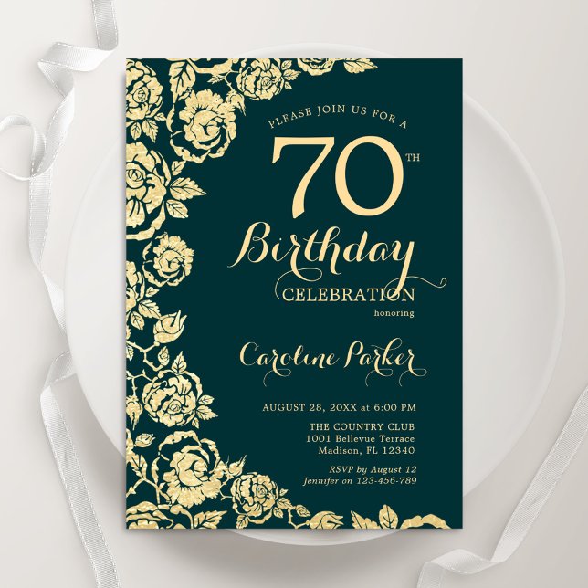 Invitación Elegantes Rosas de oro verde esmeralda 70 cumpleañ (Subido por el creador)