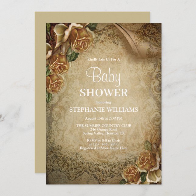 Invitación Elegantes rosas de oro y ducha de bebé Damasco (Anverso / Reverso)