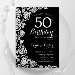 Invitación Elegantes Rosas de Plata Negra 50 cumpleaños<br><div class="desc">Invitación floral de plata negra a la fiesta de cumpleaños número 50. Diseño elegante con rosas, Relieve metalizado falso plateado y tipo de letra de guión de tipografía. La carta de invitación a la moda es perfecta para una elegante celebración de cumpleaños femenina. Se puede personalizar a cualquier edad. Invitaciones...</div>