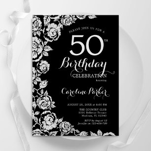 Invitación Elegantes Rosas de Plata Negra 50 cumpleaños