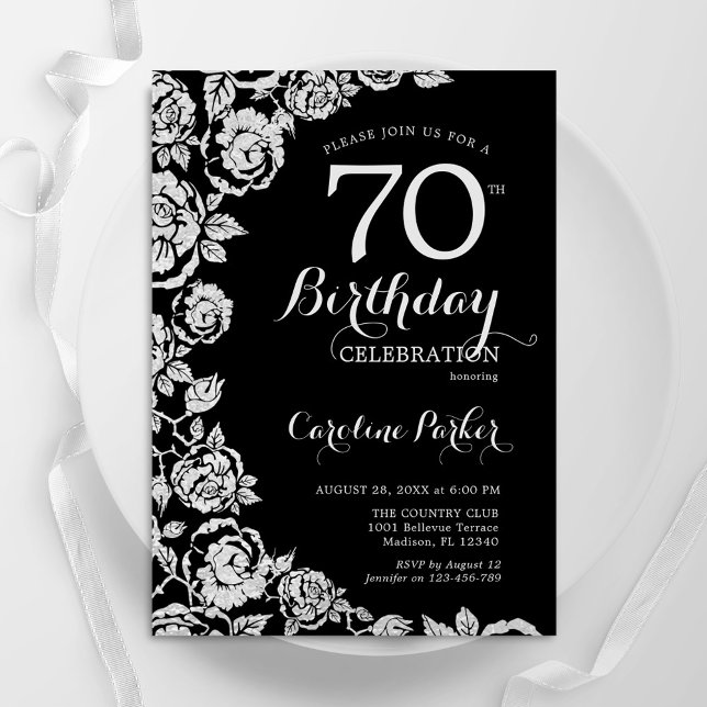 Invitación Elegantes Rosas de Plata Negra 70 cumpleaños (Subido por el creador)