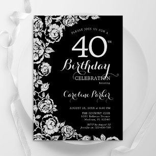 Invitación Elegantes Rosas de Plata Negra Fiesta de cumpleaño
