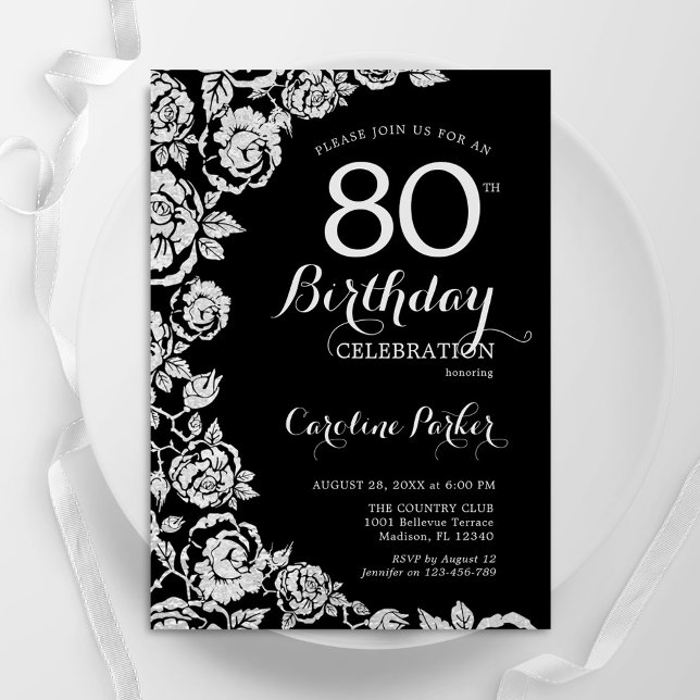 Invitación Elegantes Rosas de Plata Negra Fiesta de Cumpleaño (Subido por el creador)