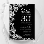 Invitación Elegantes Rosas de Plata Negra Sorprenden 30 años<br><div class="desc">Sorpresa floral de plata negra invitada por 30 cumpleaños. Diseño elegante con rosas, Relieve metalizado falso plateado y tipo de letra de guión de tipografía. La carta de invitación a la moda es perfecta para una elegante celebración de cumpleaños femenina. Se puede personalizar a cualquier edad. Invitaciones Zazzle impresas o...</div>