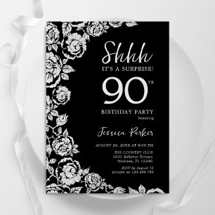 Invitación Elegantes Rosas de Plata Negra Sorprenden 90 cumpl