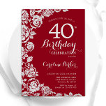 Invitación Elegantes Rosas de Plata Roja 40 Fiestas de cumple<br><div class="desc">Invitación a la fiesta de cumpleaños 40 de color rojo plateado floral. Diseño elegante con rosas, Relieve metalizado falso plateado y tipo de letra de guión de tipografía. La carta de invitación a la moda es perfecta para una elegante celebración de cumpleaños femenina. Se puede personalizar a cualquier edad. Invitaciones...</div>