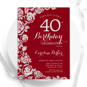 Invitación Elegantes Rosas de Plata Roja 40 Fiestas de cumple
