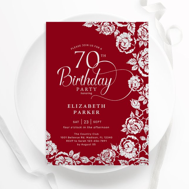 Invitación Elegantes Rosas de Plata Roja en los 70 años (Subido por el creador)