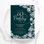 Invitación Elegantes Rosas de Plata Verde Esmeralda, 60 años<br><div class="desc">Invitación a la fiesta de cumpleaños número 60 con flores de plata verde esmeralda. Diseño elegante con rosas, Relieve metalizado falso plateado y tipo de letra de guión de tipografía. La carta de invitación a la moda es perfecta para una elegante celebración de cumpleaños femenina. Se puede personalizar a cualquier...</div>