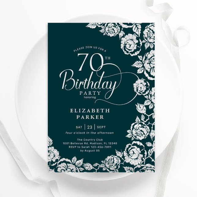 Invitación Elegantes Rosas de Plata Verde Esmeralda en 70 año (Subido por el creador)