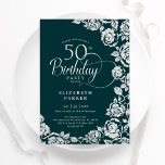 Invitación Elegantes Rosas de Plata Verde Esmeralda por los 5<br><div class="desc">Invitación a la fiesta de cumpleaños número 50 con flores de plata verde esmeralda. Diseño elegante con rosas, Relieve metalizado de oro falso y tipografía tipo guión. La carta de invitación a la moda es perfecta para una elegante celebración de cumpleaños femenina. Se puede personalizar a cualquier edad. Personaliza con...</div>