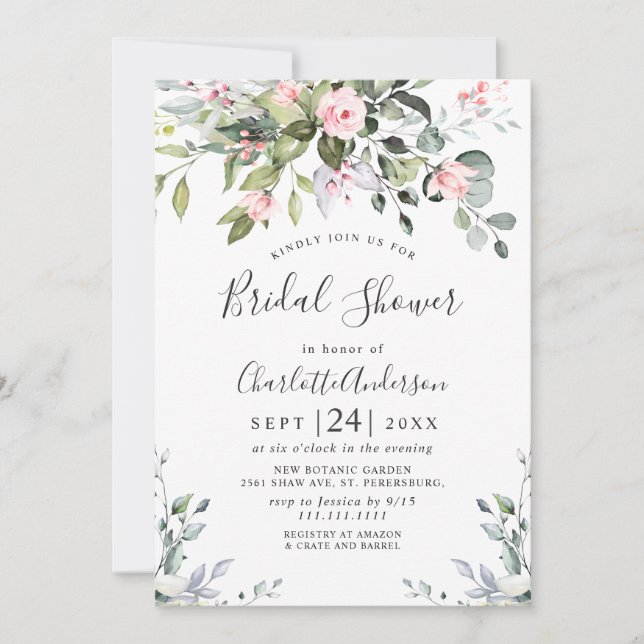 Invitación Elegantes Rosas de Rubor Eucalyptus DUCHA BRIDAL (Anverso)