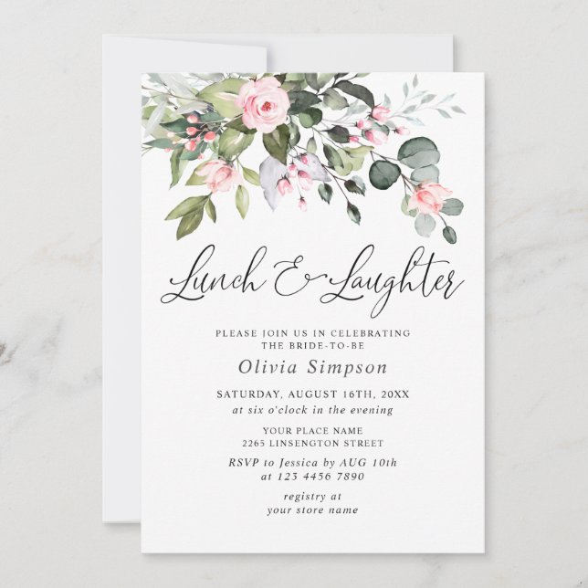 Invitación Elegantes Rosas de Rubor Eucalyptus DUCHA BRIDAL (Anverso)