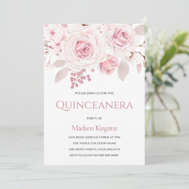 Invitación Elegantes Rosas de Rubor Quinceanera Fiesta (Anverso de pie)