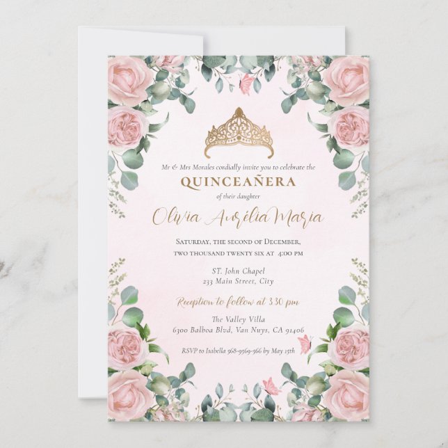Invitación Elegantes rosas de Rubor rosados de Tiara Quinceañ (Anverso)