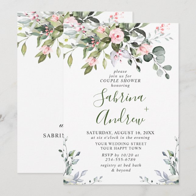 Invitación Elegantes Rosas de Tinte de Eucalipto para DUCHA D (Anverso / Reverso)
