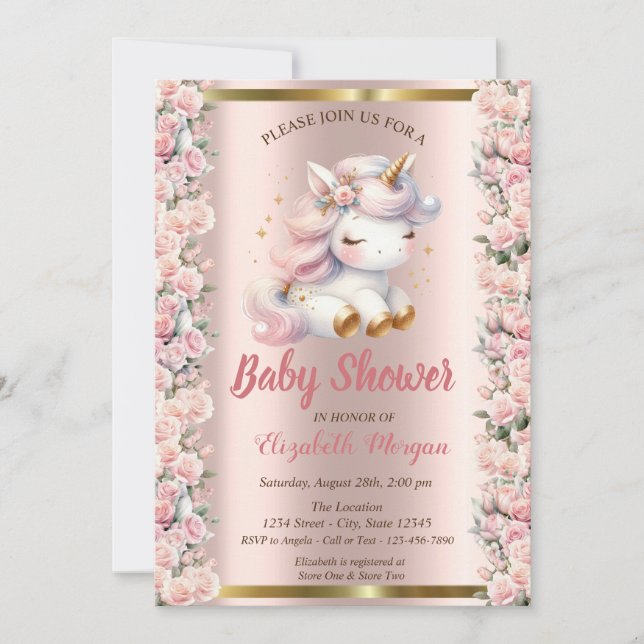 Invitación Elegantes Rosas de unicornio Subió Baby Shower de  (Anverso)