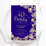 Invitación Elegantes Rosas del 40° aniversario del Purple Gol<br><div class="desc">Invitación a la fiesta de cumpleaños 40 de color morado floral de oro. Diseño elegante con rosas, Relieve metalizado de oro falso y tipografía tipo guión. La carta de invitación a la moda es perfecta para una elegante celebración de cumpleaños femenina. Se puede personalizar a cualquier edad. Personaliza con tus...</div>