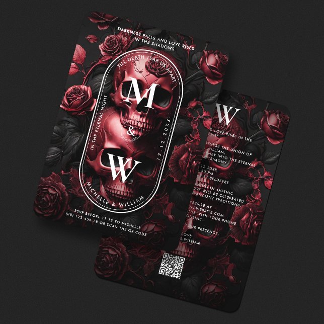 Invitación Elegantes Rosas del cráneo Boda gótico rojo negro (Elegant Skull Roses Black Red Gothic Wedding Invitation
)