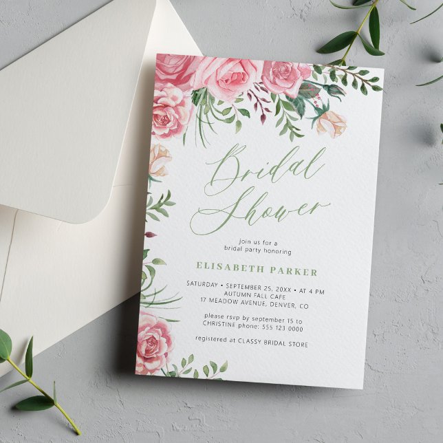 Invitación Elegantes rosas del jardín acuarela ducha de novia (Subido por el creador)