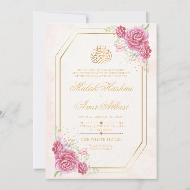Invitación Elegantes Rosas del marco dorado Boda islámico mus (Anverso)