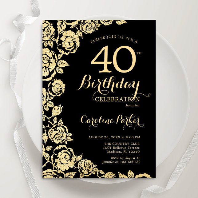 Invitación Elegantes Rosas del Oro Negro 40 Fiesta de cumplea (Subido por el creador)
