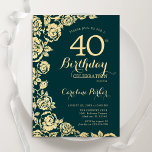 Invitación Elegantes Rosas del oro verde esmeralda 40 cumplea<br><div class="desc">Invitación a la fiesta de cumpleaños 40 de la floral de oro verde esmeralda. Diseño elegante con rosas, Relieve metalizado de oro falso y tipografía tipo guión. La carta de invitación a la moda es perfecta para una elegante celebración de cumpleaños femenina. Se puede personalizar a cualquier edad. Invitaciones Zazzle...</div>