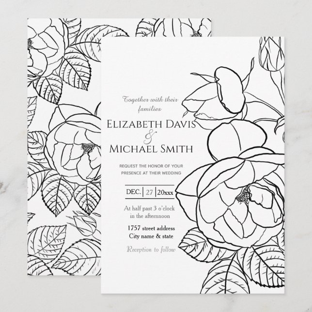 Invitación Elegantes Rosas dibujados a mano Floral Blanco Neg (Anverso / Reverso)