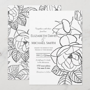 Invitación Elegantes Rosas dibujados a mano Floral Blanco Neg
