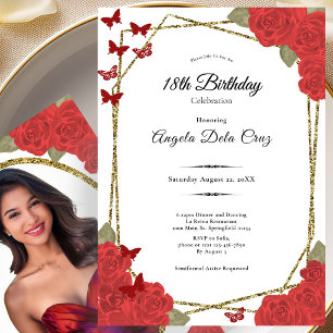 Invitación Elegantes Rosas Doradas y Rojas Debut 18 Cumpleaño