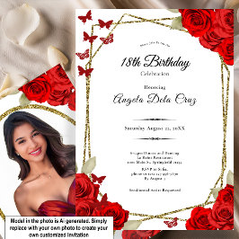 Invitación Elegantes Rosas Doradas y Rojas Debut 18 Cumpleaño