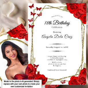 Invitación Elegantes Rosas Doradas y Rojas Debut 18 Cumpleaño