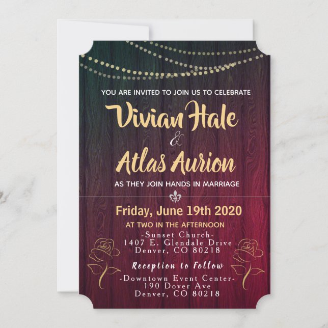 Invitación Elegantes Rosas dorados invitan a la boda roja y n (Anverso)