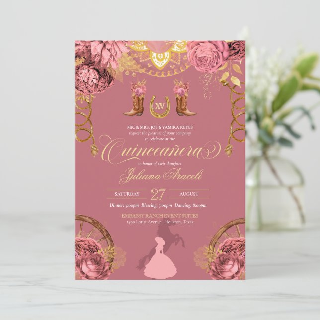Invitación Elegantes Rosas Dusty Charro Rosa Quinceanera (Anverso de pie)