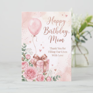 Invitación Elegantes Rosas en Acuarela y Globo Rosa Feliz Cum
