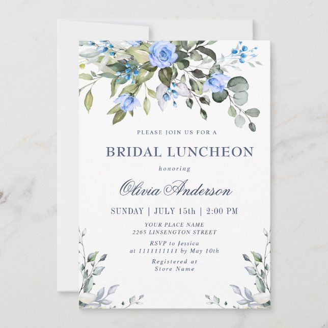Invitación Elegantes Rosas Eucalyptus Blue BRIDAL LUNCHEON (Anverso)