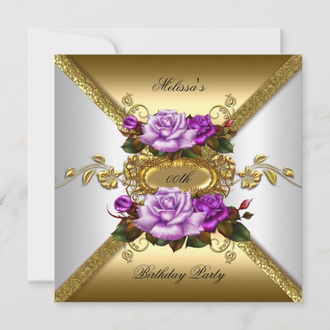 Invitación Elegantes Rosas Fiesta de cumpleaños Purple White  (Anverso)