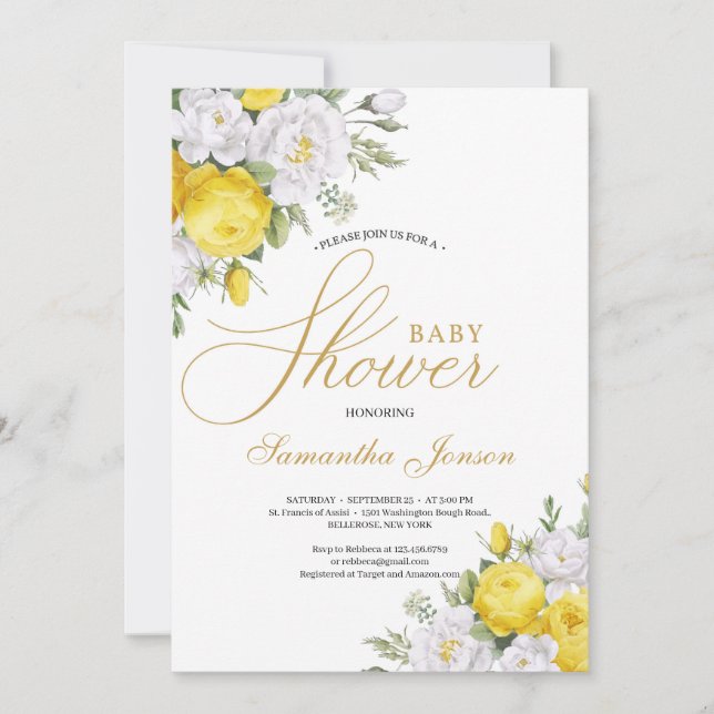 Invitación Elegantes rosas florales amarillos y blancos ducha (Anverso)