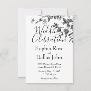 Invitación Elegantes rosas florales de acuarela blanca y negr