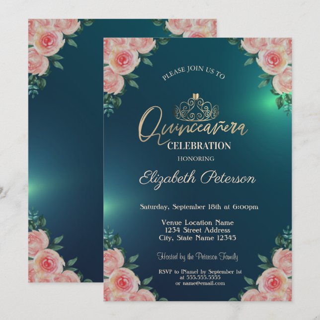 Invitación Elegantes Rosas florales de Gold Tiara Quinceañera (Anverso / Reverso)
