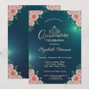 Invitación Elegantes Rosas florales de Gold Tiara Quinceañera