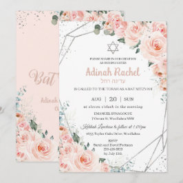 Invitación Elegantes Rosas florales de Rubor Silver Bat Mitzv